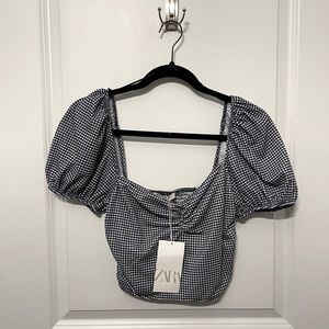 NEW WITH TAGS - Zara blue & white checkered puff sleeve top